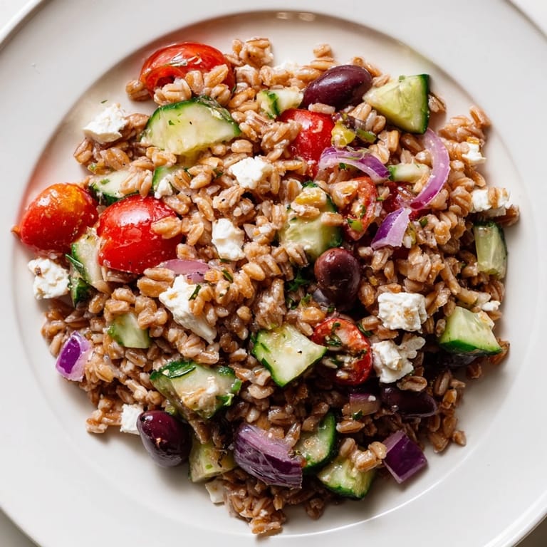Enjoy a colorful and flavorful Mediterranean Farro Salad, ideal as a side dish or main course.