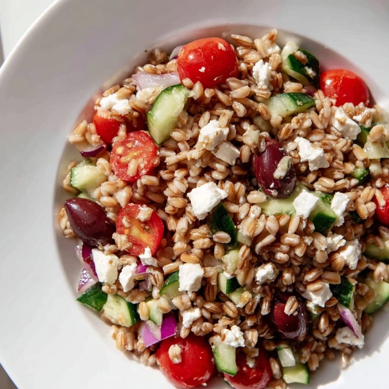 A refreshing bowl of Mediterranean Farro Salad boasting bright flavors, herbs, and crumbly feta cheese.