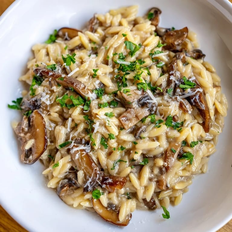A close-up of the finished orzo mushroom risotto-style, plated with fresh parsley and Parmesan.
