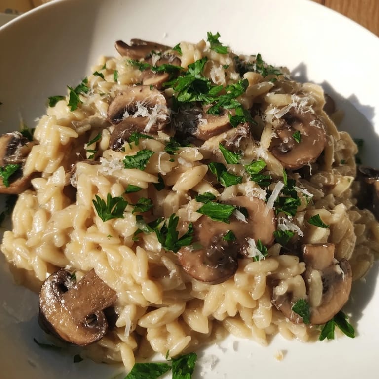 Savory orzo mushroom risotto-style, with a rich, inviting aroma and a sprinkling of cheese.