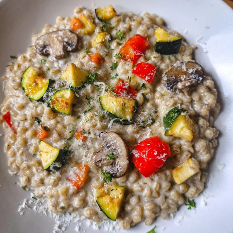 Golden roasted vegetables atop a bowl of creamy pearled barley, a delicious and balanced vegetarian meal.
