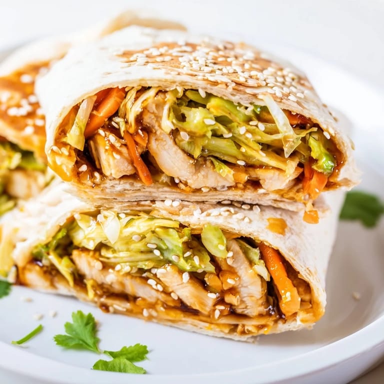 Warm tortilla layered with tender teriyaki chicken, shredded cabbage, and carrots for a flavorful, easy-to-hold wrap meal.