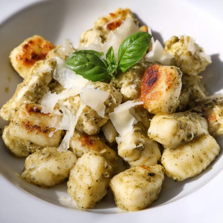 A close-up of crispy gnocchi and tender chicken tossed in a creamy pesto sauce, steaming slightly as it’s served in a rustic white bowl.