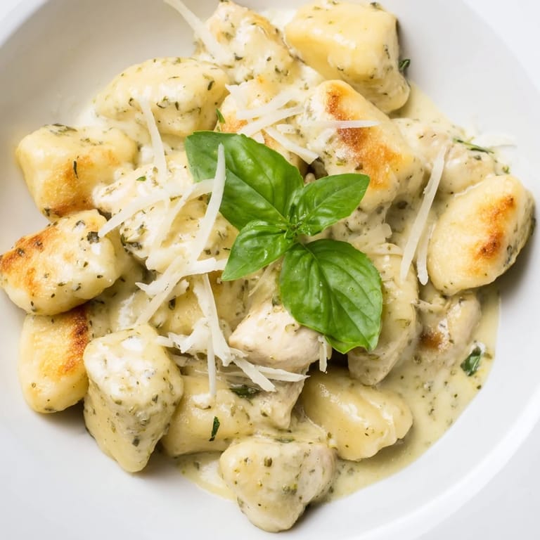 Weeknight dinner plates featuring golden gnocchi and juicy chicken bites smothered in rich, herbaceous pesto cream sauce, ready to be enjoyed.