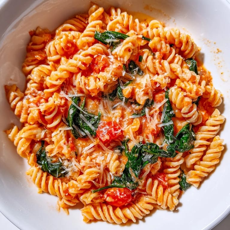 A single pot of Tomato Spinach One-Pot Rotini with wilted greens and juicy tomatoes, perfect for easy weeknight dinners.  