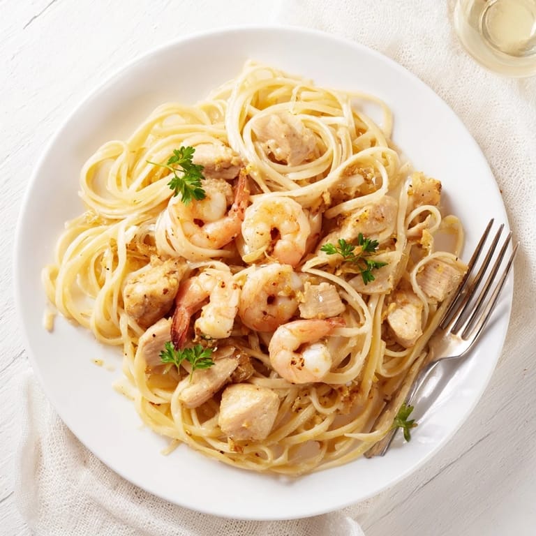 A close-up of Lemon Garlic Shrimp & Chicken Pasta twirled on a fork, showcasing tender shrimp and juicy chicken alongside al dente linguine in zesty garlic sauce.