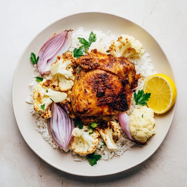 A close-up of the Roasted Cauliflower Chicken Sheet Pan, garnished with fresh parsley and lemon wedges over fluffy rice.