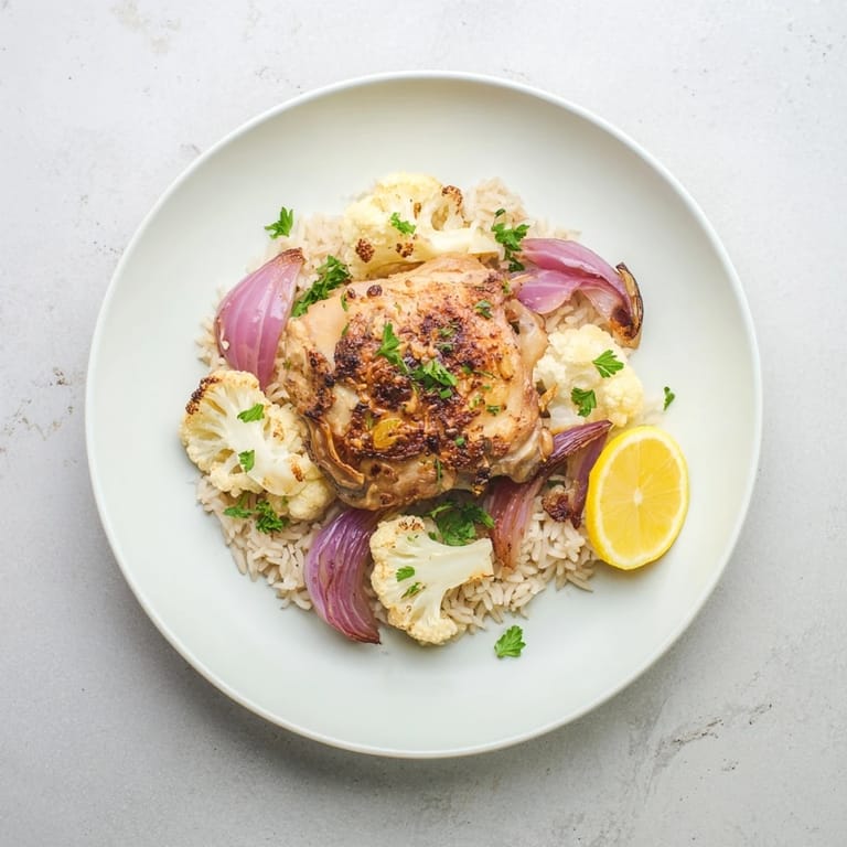 Succulent chicken and tender cauliflower florets roasted to perfection, served hot from the oven on a bed of jasmine rice.