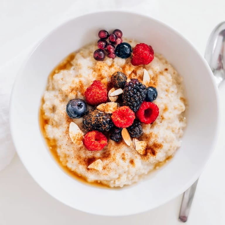 Warm Millet Porridge With Berries served with a side of herbal tea on a sunlit breakfast table.
