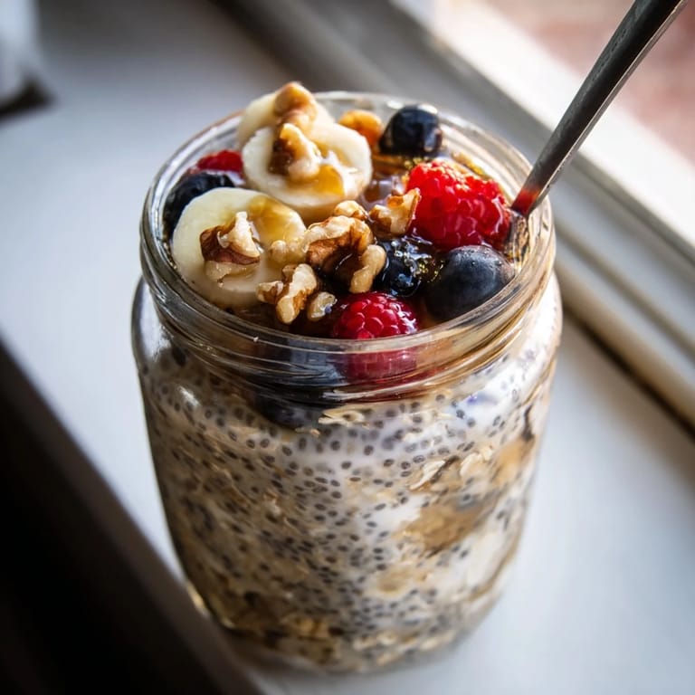A jar of Overnight Oats with Chia Seeds layered with Greek yogurt and fresh strawberries, served chilled and ready for a busy morning on-the-go.