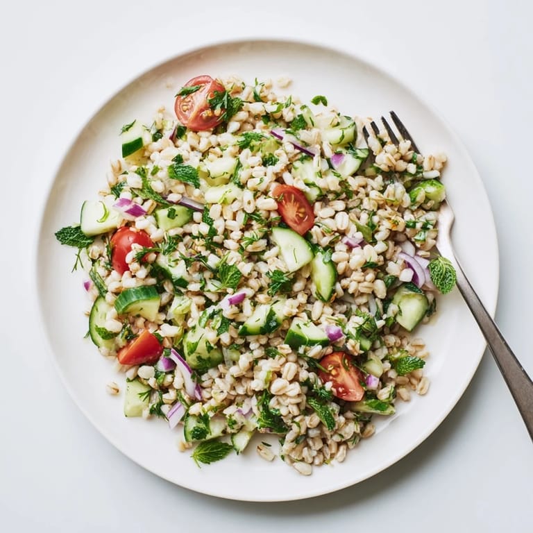 A close-up of the barley and herb salad with glistening lemon vinaigrette, diced cucumber, and cherry tomatoes ready for a light lunch.