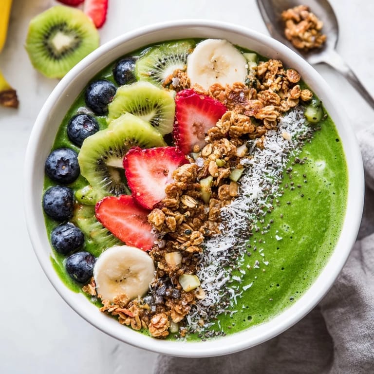 Healthy Green Smoothie Bowl served for breakfast, featuring spinach, mango, pineapple, and colorful fresh fruit toppings.