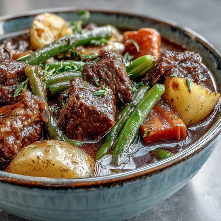 A comforting bowl of beef and vegetable soup, brimming with garden vegetables.