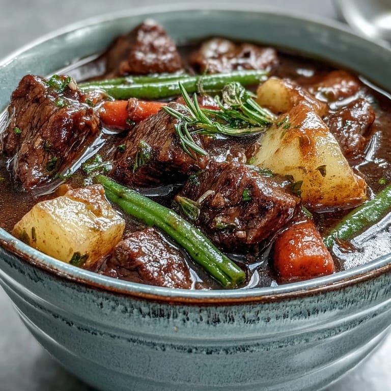 Savory beef and vegetable soup, perfectly seasoned, perfect for a winter dinner.