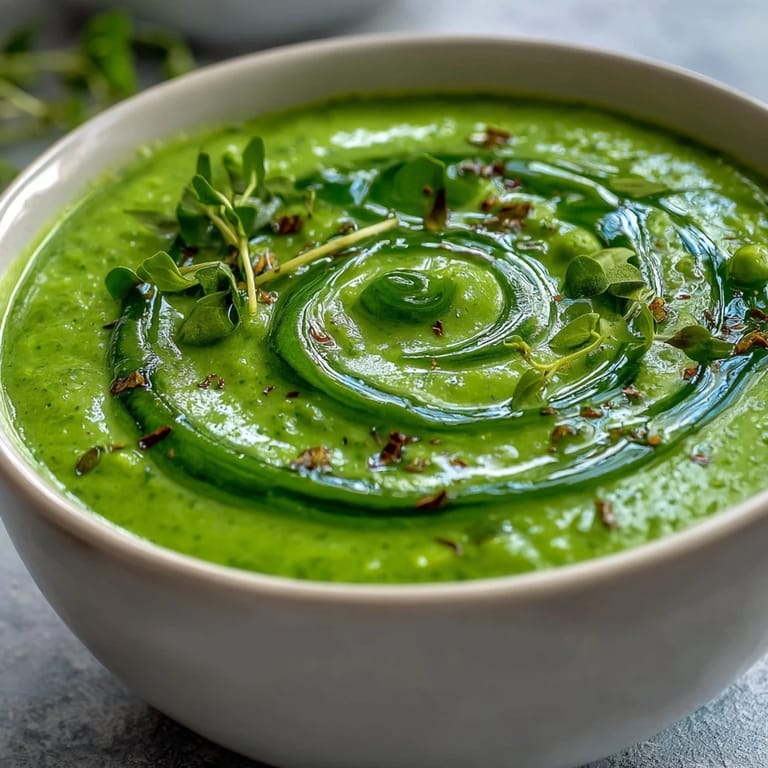 Hearty courgette, pea and pesto soup, perfect for spring, served in a warm bowl.