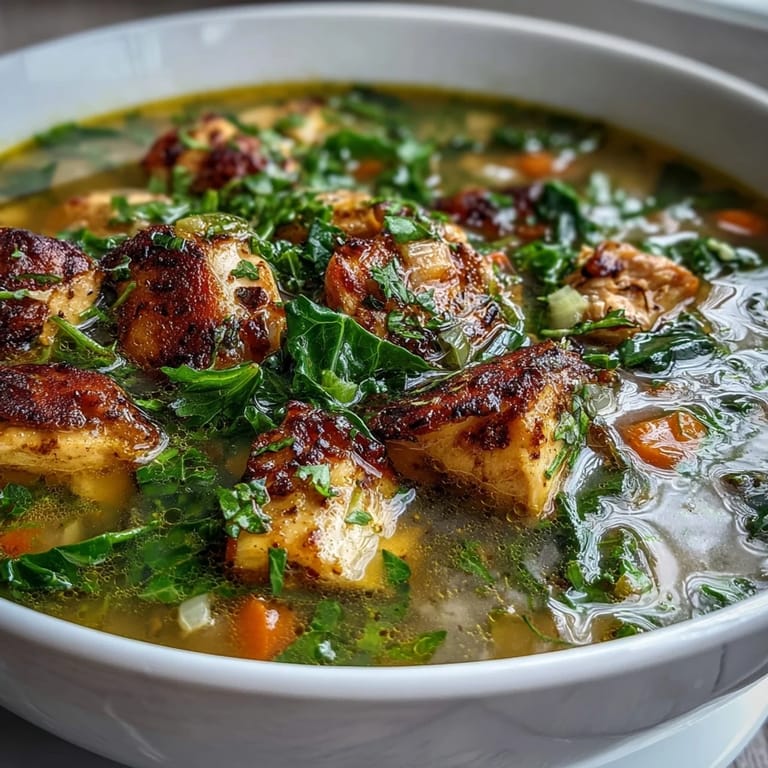 Hearty High Protein Lemon Turmeric Chicken Soup with greens, perfect for lunch.