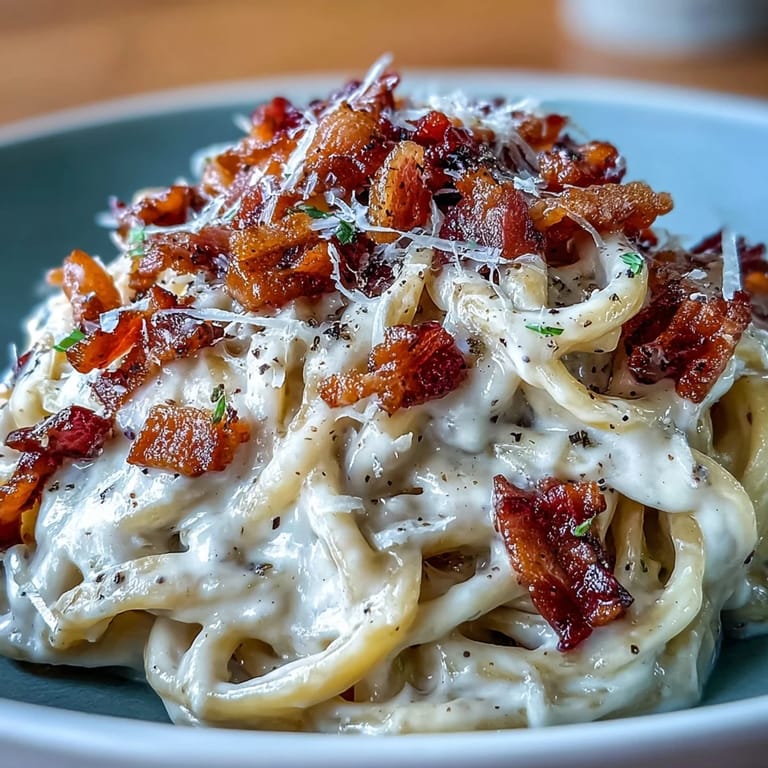 Steaming celeriac carbonara served in a white bowl with extra black pepper and grated Parmesan.