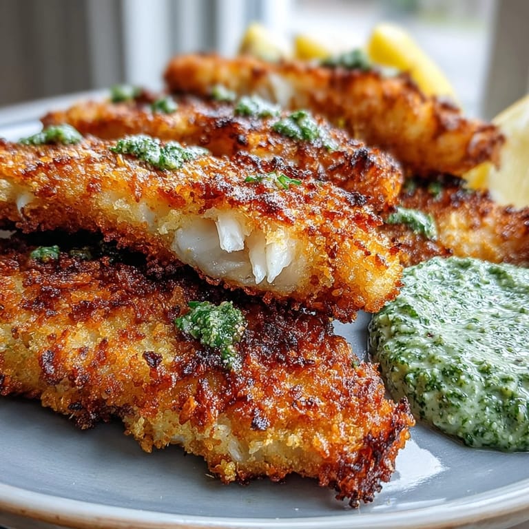 Freshly baked haddock goujons with a crunchy Parmesan crust, accompanied by a spoonful of vibrant pea pesto and mixed greens.