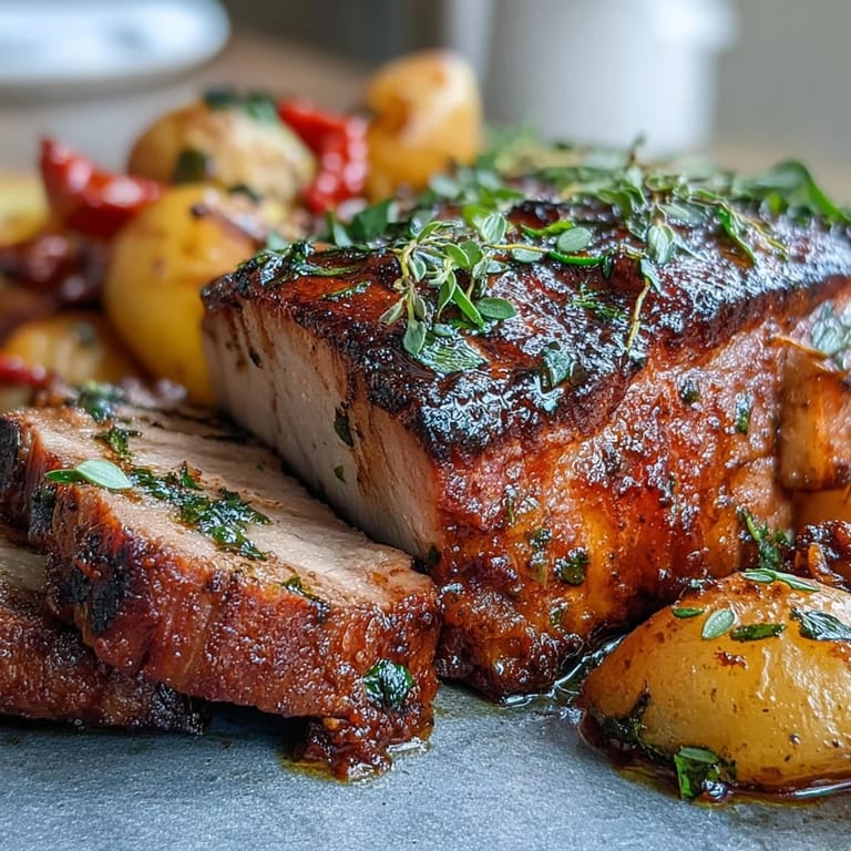 Tender Ibérico pork fillet marinated in garlic, rosemary, and smoked paprika, served with crisp roasted potatoes and caramelized red peppers.