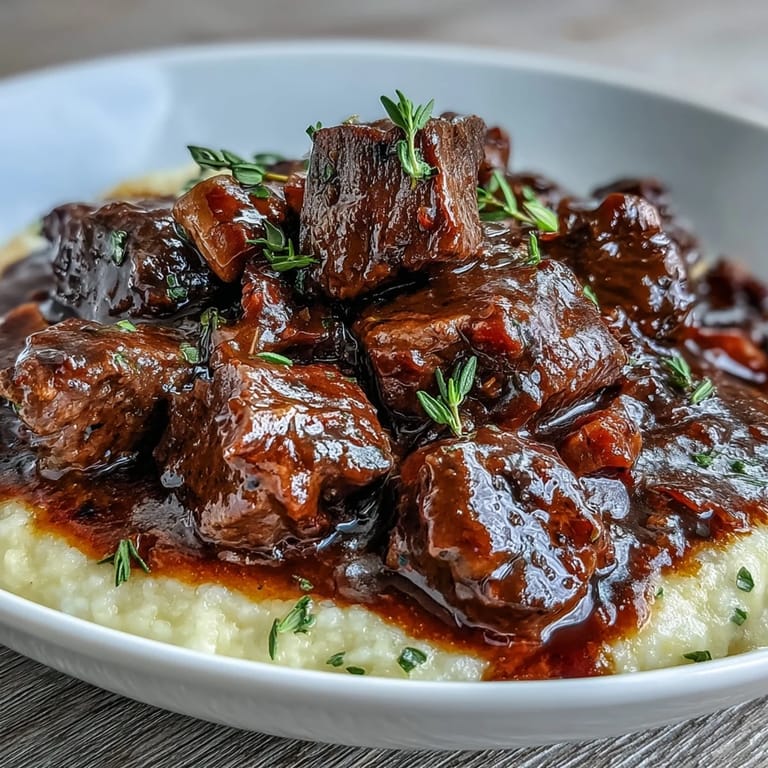 Savory venison stew with sloe gin features tender meat in a deep, fragrant sauce, spooned over cheesy polenta and ready to enjoy.