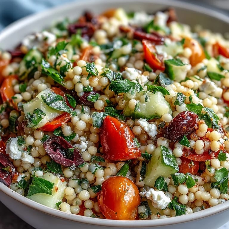 A close-up of Mediterranean Pearl Couscous in a serving bowl, drizzled with zesty oregano vinaigrette and ready to eat.