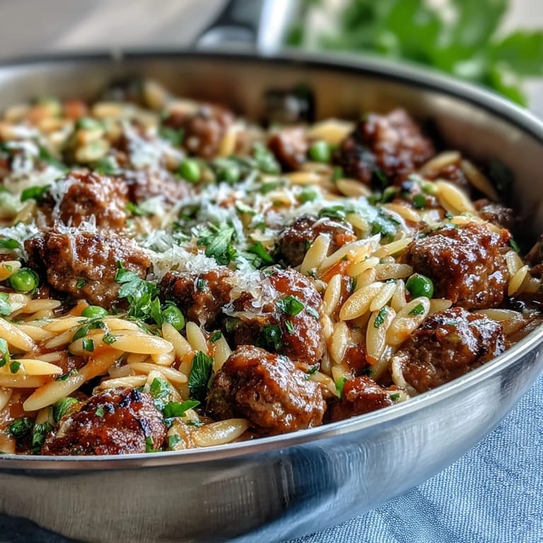 Weeknight Comforting Ground Beef Orzo Dinner with tender orzo, peas, and juicy tomatoes in a savory, herby sauce.