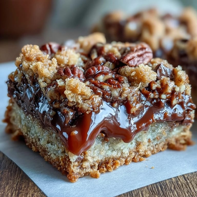 Freshly baked Decadent Sweet and Chewy Turtle Bars cool on a rack, showing a golden crumb topping and toasted pecans.