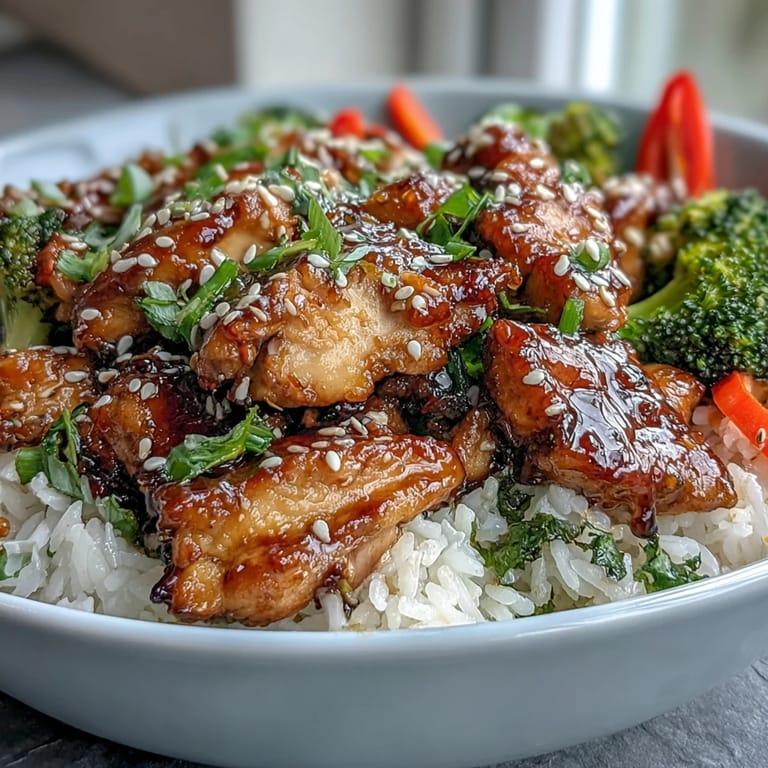 Glossy honey garlic sauce coats tender chicken pieces in this Honey Garlic Chicken Bowl garnished with sesame seeds.