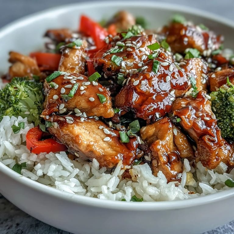 Enjoy a family-style Honey Garlic Chicken Bowl featuring sautéed chicken, crisp veggies, and steamed jasmine rice.