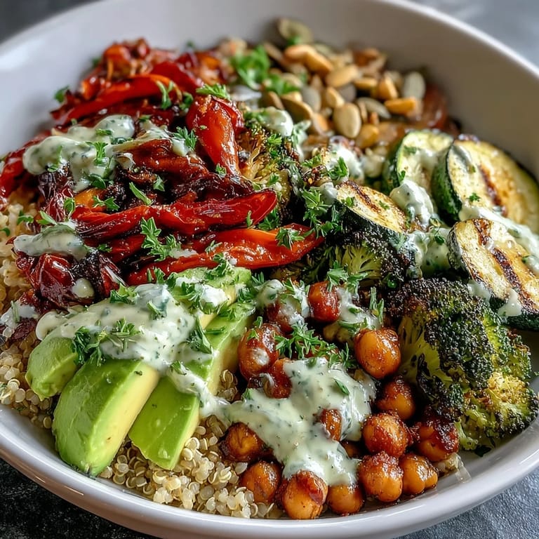 Freshly roasted Vegetable and Legume Bowl served warm with pumpkin seeds and lemon wedges on the side.