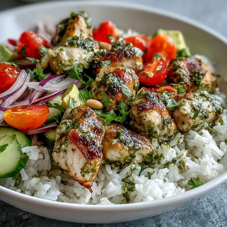 A single bowl of Pesto Chicken Bowl with tender chicken, greens, and toasted pine nuts, ready to be enjoyed.