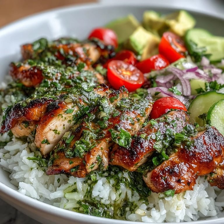 Sizzling chimichurri chicken is served over warm rice with fresh vegetables and lime wedges for a tangy finish.