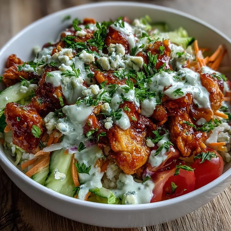 Spicy Buffalo Chicken Bowl over fluffy white rice topped with tangy blue cheese crumbles.
