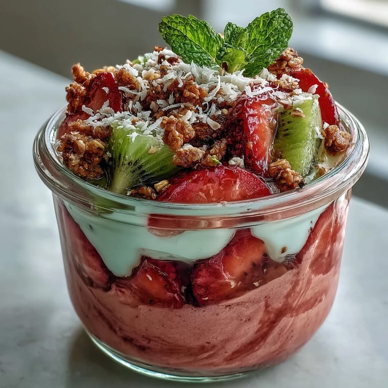 Freshly assembled guava yogurt parfait topped with shredded coconut and mint, perfect for a refreshing breakfast or light dessert.