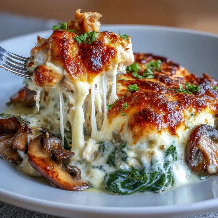Sliced, cheesy low-carb Chicken Spinach & Mushroom oven dish served hot with a golden crust.