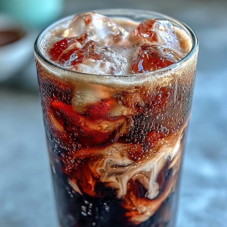 A creamy, marbled Midnight Malibu Dirty Soda with a rich coconut float, perfect for sipping through a straw.