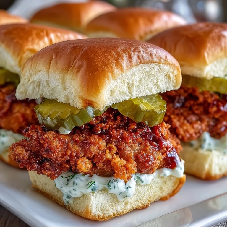 Warm Nashville Hot Chicken Sliders on a plate, finished with dill pickle aioli drizzle.