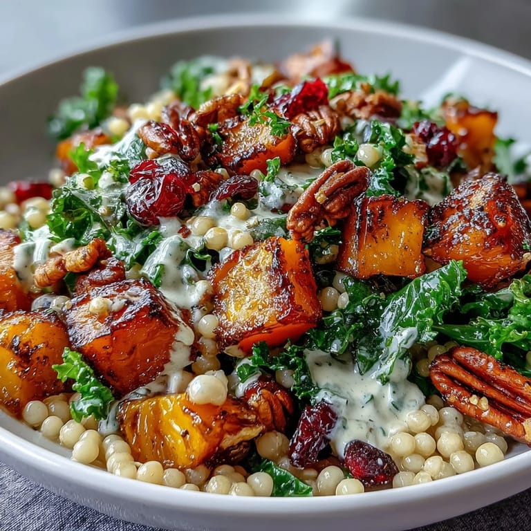 Fork holding a bite of Honey Autumn Pearl Couscous Salad with pecans, drizzled with tangy honey-citrus dressing.