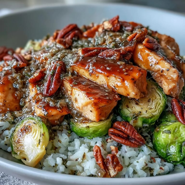 Garnished Maple Dijon Chicken Sweet Potato Bowl featuring dried cranberries and a drizzle of glaze.