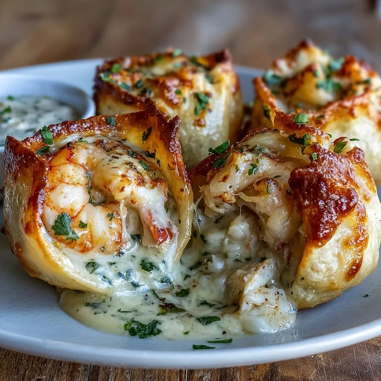 Appetizer platter featuring golden Cheesy Seafood Tortilla Bombs with a rich, creamy garlic dipping sauce.