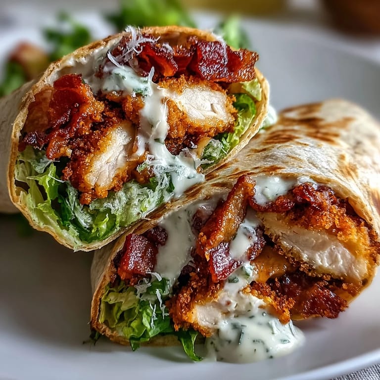 A close-up of a halved Crispy Chicken Bacon Caesar Wrap, showcasing its hearty, flavorful filling.