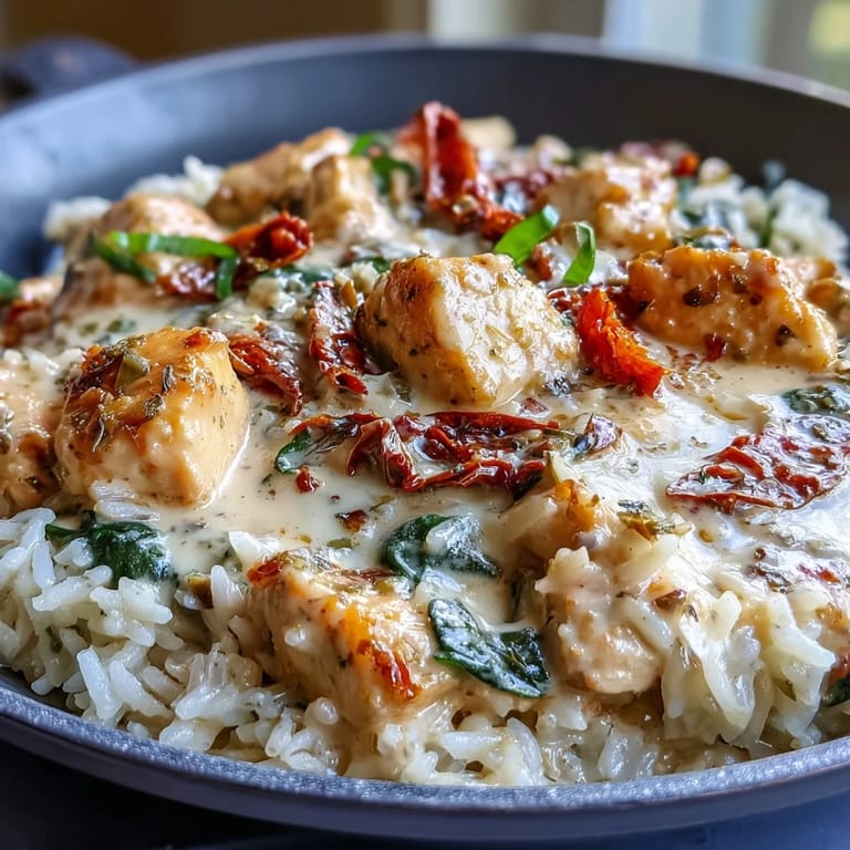 One-pan Creamy Tuscan Chicken Rice Skillet garnished with fresh basil, served steaming hot.