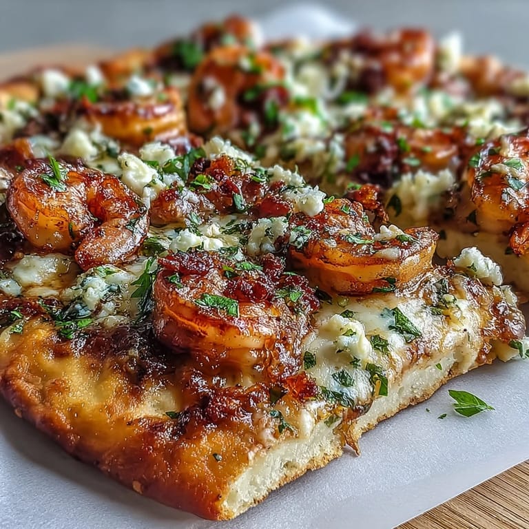 Four individual garlic butter shrimp naan pizzas ready for a quick weeknight dinner.