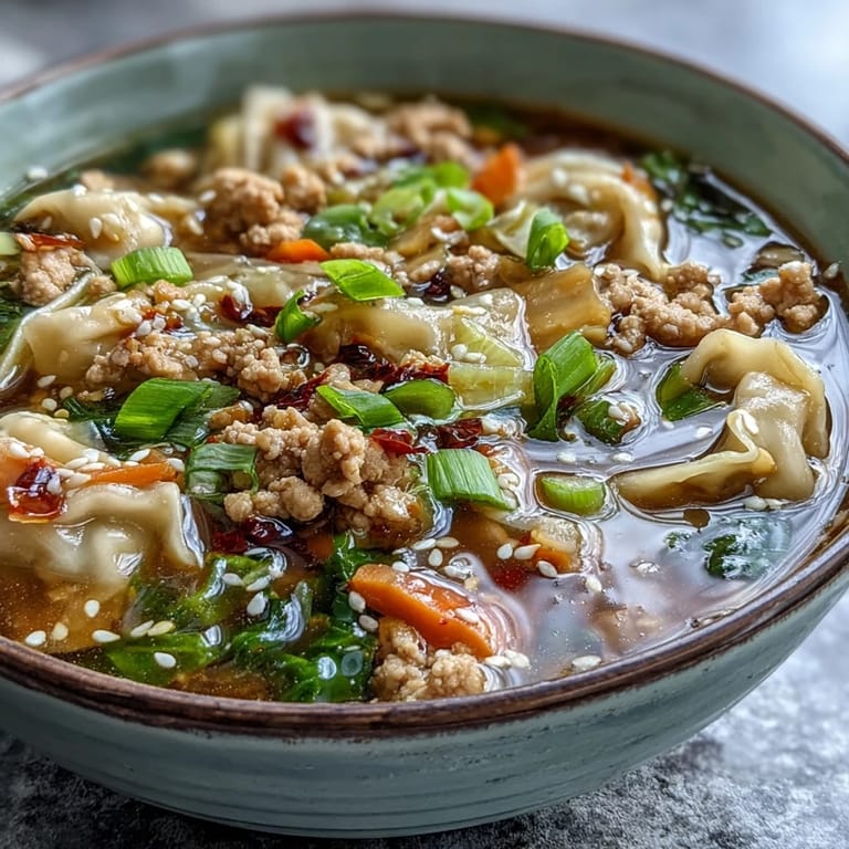 Steaming Egg Roll Soup with Chicken & Cabbage features tender cabbage, carrots, and ground chicken in a savory Asian-inspired broth.