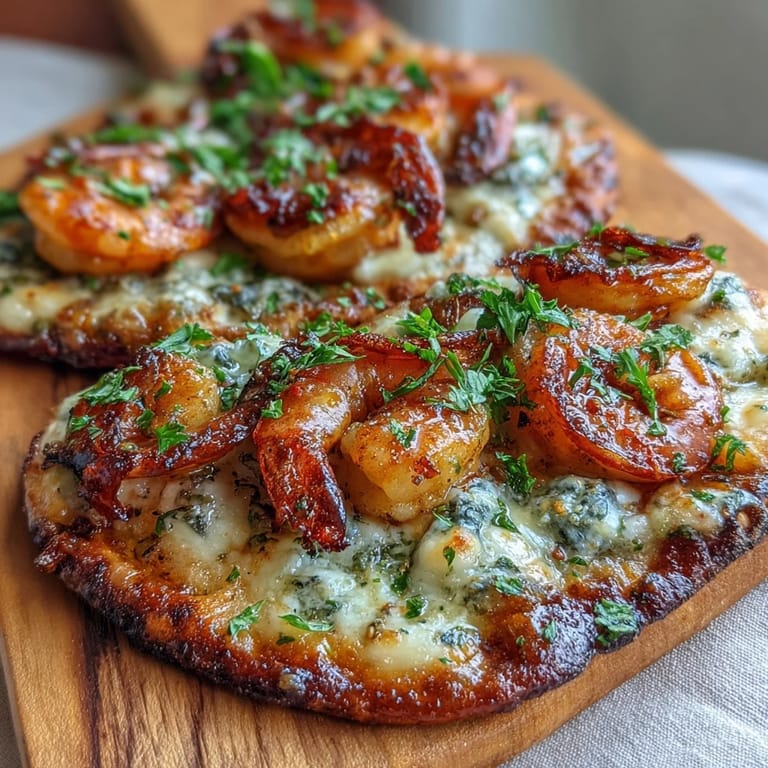 Broiled Garlic Butter Shrimp Naan Pizzas fresh from the oven with parsley garnish on a baking sheet.
