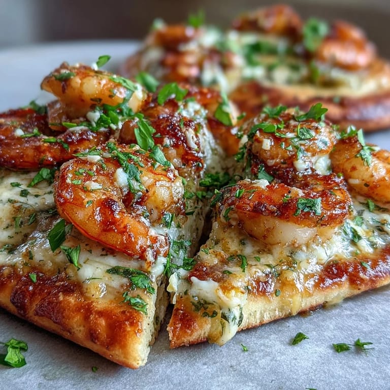 Succulent shrimp in garlic butter and melted cheese on warm naan, served on a white plate for dinner.