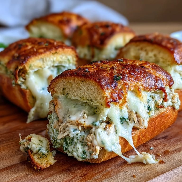 Golden, crusty Pesto Chicken Garlic Bread Boats served warm on a wooden board with marinara for dipping.