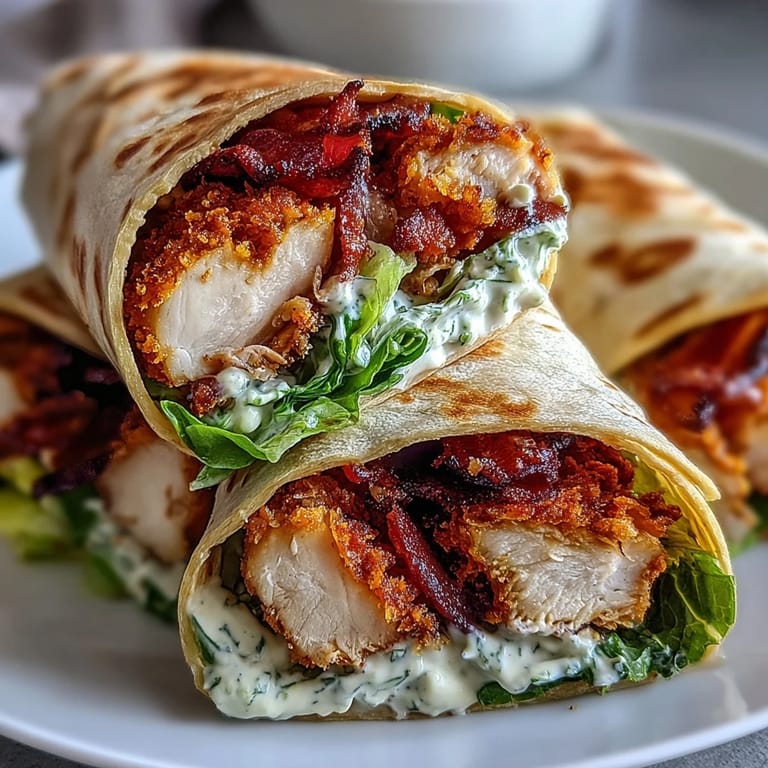 Golden brown Crispy Chicken Bacon Caesar Wraps filled with creamy romaine, stacked on a white plate with lemon wedges.
