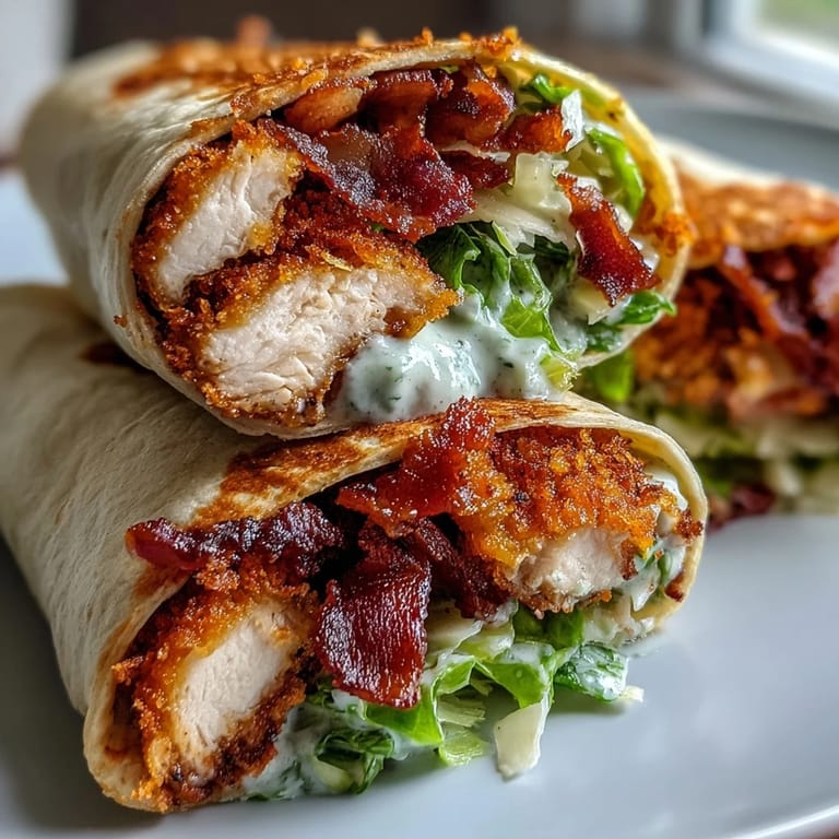 Crunchy Crispy Chicken Bacon Caesar Wraps cut in half revealing layers of bacon and Parmesan, ideal for a quick lunch.
