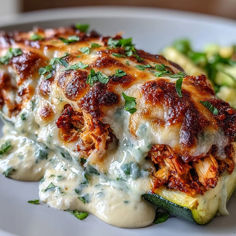 Close-up of Keto Creamy Garlic Chicken Zucchini Boats revealing the rich, cheesy filling and tender zucchini shells.